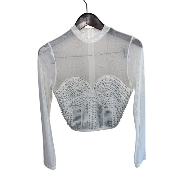 Milk & Honey Sheer Long Sleeve Rhinestone Embellished Cropped Top - Size S - Picture 2 of 7